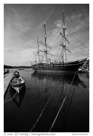 Charles W Morgan 1841 wooden whaleship. Mystic, Connecticut, USA (black and white)