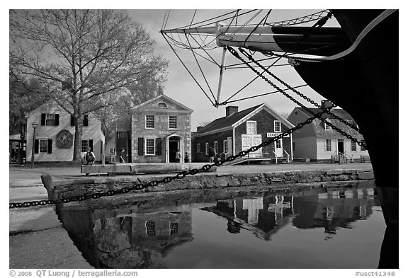 Ship and historic buildings. Mystic, Connecticut, USA