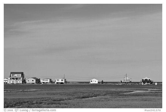 Beach houses, Connecticut River estuary, Old Saybrook. Connecticut, USA (black and white)