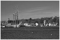 Ship, houses, and church across the Mystic River. Mystic, Connecticut, USA (black and white)