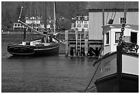 Historic boats, Mystic River, and houses. Mystic, Connecticut, USA (black and white)