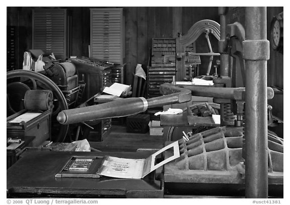 Press in print shop. Mystic, Connecticut, USA (black and white)