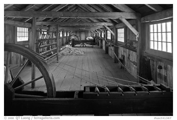 Fibers being spun into yards, Ropewalk. Mystic, Connecticut, USA (black and white)