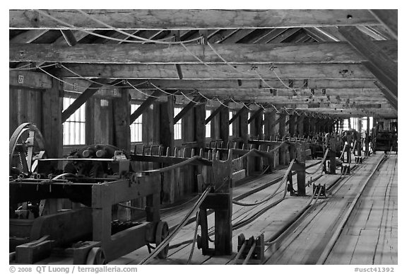 Inside long Rope-making building. Mystic, Connecticut, USA (black and white)