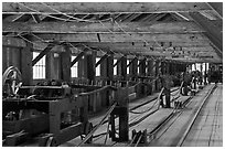 Inside long Rope-making building. Mystic, Connecticut, USA (black and white)