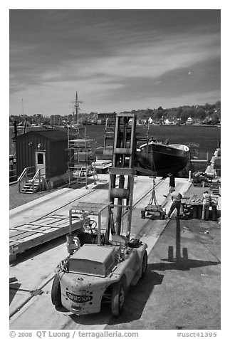 Boat being built at shiplift. Mystic, Connecticut, USA