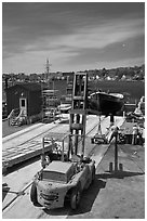 Boat being built at shiplift. Mystic, Connecticut, USA ( black and white)