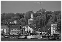 Pier, village and church. Mystic, Connecticut, USA (black and white)