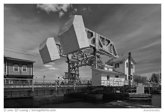 Counterweights of the Mystic River drawbridge. Mystic, Connecticut, USA (black and white)