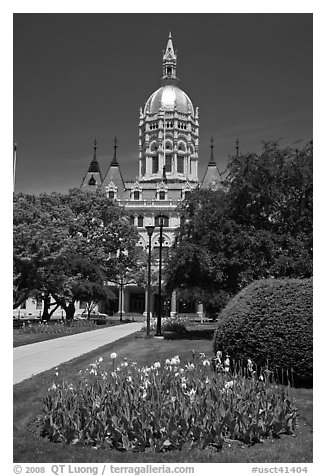 Gardens and Connecticut Capitol. Hartford, Connecticut, USA (black and white)