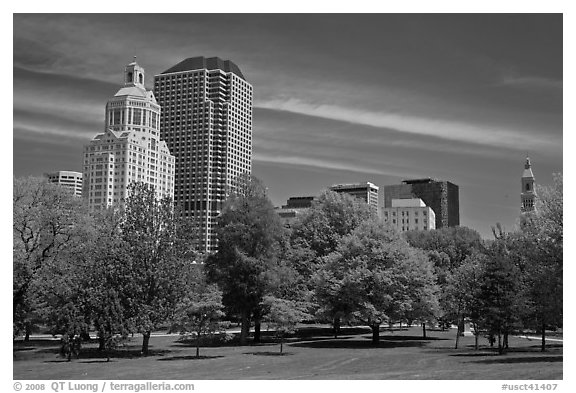 Hartford skyline and Bushnell Park. Hartford, Connecticut, USA