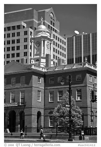 Old State house and modern buildings. Hartford, Connecticut, USA (black and white)