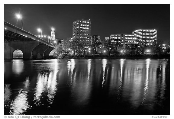 Night skyline and bridge over Connecticut River. Hartford, Connecticut, USA