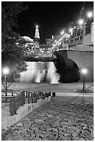 Quay by Connecticut River and nighttime skyline. Hartford, Connecticut, USA (black and white)