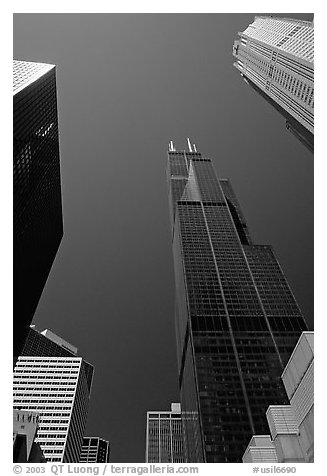 Upwards views of Sears tower and  skyscrappers. Chicago, Illinois, USA (black and white)