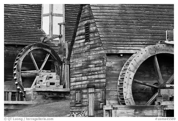 Waterwheels on mill and forge, Saugus Iron Works National Historic Site. Massachussets, USA (black and white)