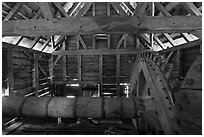 Waterwheel shaft inside forge, Saugus Iron Works National Historic Site. Massachussets, USA (black and white)