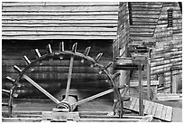 Undershot wheel on side of forge, Saugus Iron Works National Historic Site. Massachussets, USA ( black and white)