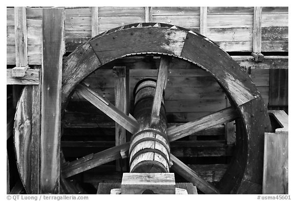 Close up of high breastshot wheel, Saugus Iron Works National Historic Site. Massachussets, USA (black and white)
