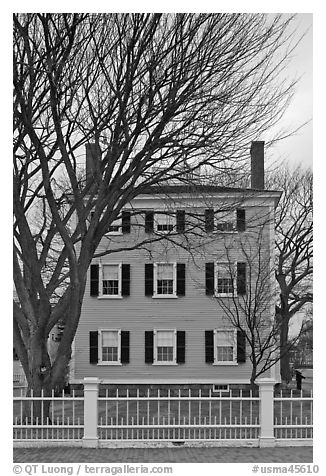 Bare trees and Hawkes House, Salem Maritime National Historic Site. Salem, Massachussets, USA (black and white)