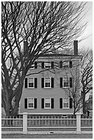 Bare trees and Hawkes House, Salem Maritime National Historic Site. Salem, Massachussets, USA (black and white)