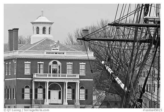 Ship rigging and Custom House, Salem Maritime National Historic Site. Salem, Massachussets, USA (black and white)