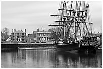 Sail ship and waterfront, Salem Maritime National Historic Site. Salem, Massachussets, USA ( black and white)
