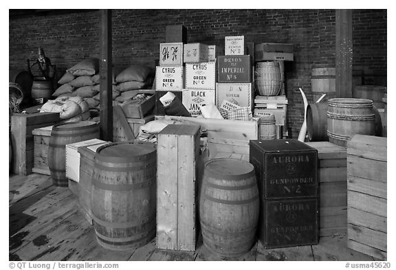 Chests and barrels, public stores, Salem Maritime National Historic Site. Salem, Massachussets, USA (black and white)