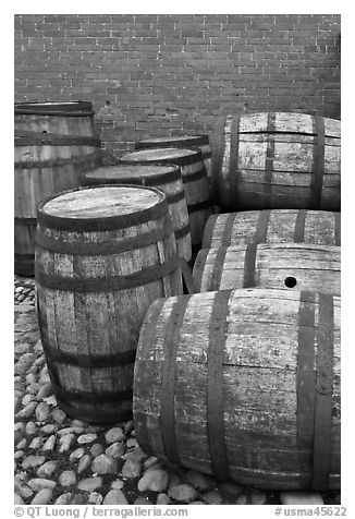 Barrels outside public stores, Salem Maritime National Historic Site. Salem, Massachussets, USA (black and white)