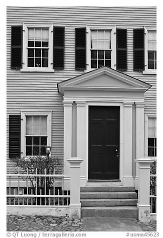 Entrance door, Hawkes House, Salem Maritime National Historic Site. Salem, Massachussets, USA (black and white)