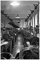 Power looms, Boott Cottom Mills Museum, Lowell National Historical Park. Massachussets, USA (black and white)