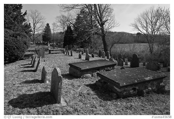 Cemetery and pond, Sandwich. Cape Cod, Massachussets, USA (black and white)