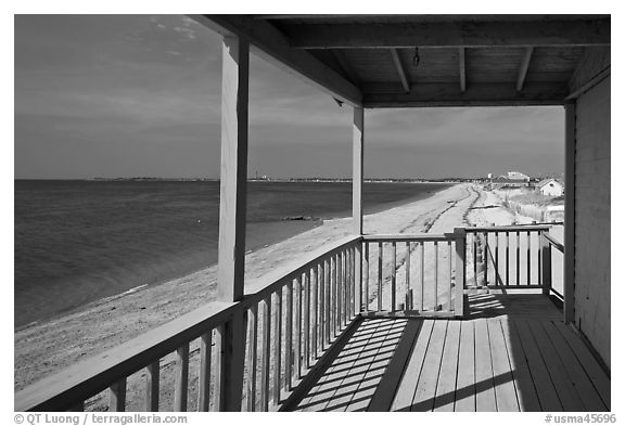 Porch and beach, Truro. Cape Cod, Massachussets, USA (black and white)