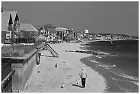 Woman walking two dogs on beach in winter, Provincetown. Cape Cod, Massachussets, USA ( black and white)