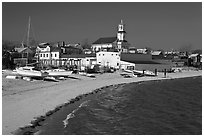 Yachts on beach and church, Provincetown. Cape Cod, Massachussets, USA ( black and white)