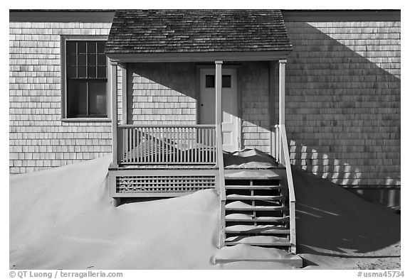 Porch and sands, Old Harbor life-saving station, Cape Cod National Seashore. Cape Cod, Massachussets, USA (black and white)