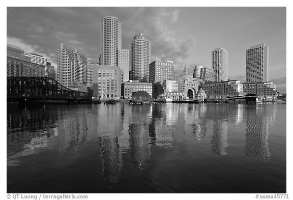 Boston skyline from harbor, sunrise. Boston, Massachussets, USA (black and white)