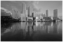 Boston skyline from harbor, sunrise. Boston, Massachussets, USA ( black and white)