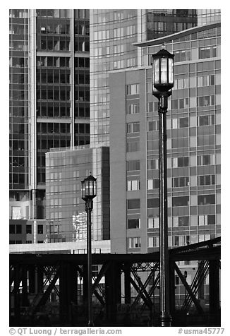 Lamps and high-rise facades. Boston, Massachussets, USA (black and white)