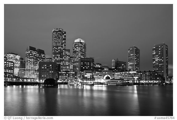 Financial district night skyline. Boston, Massachussets, USA (black and white)