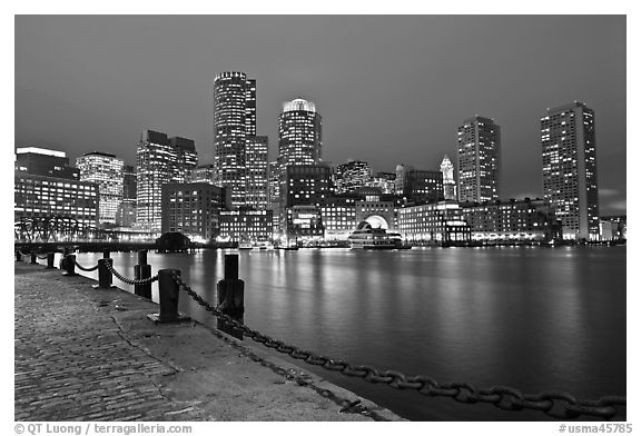 Night skyline above harbor. Boston, Massachussets, USA