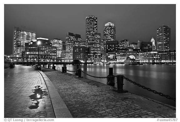 Wharf and skyline by night. Boston, Massachussets, USA (black and white)