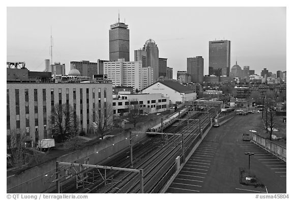 Railway, Northeastern University, and skyline at dusk. Boston, Massachussets, USA (black and white)