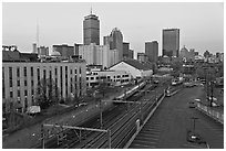 Railway, Northeastern University, and skyline at dusk. Boston, Massachussets, USA (black and white)