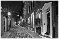 Cobblestone narrow street by night, Beacon Hill. Boston, Massachussets, USA ( black and white)