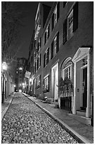 Cobblestone alley by night, Beacon Hill. Boston, Massachussets, USA (black and white)
