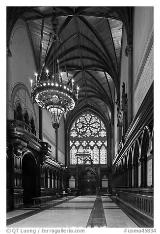 Gothic vault above marble floor and black walnut paneling, Memorial Hall, Harvard University, Cambridge. Boston, Massachussets, USA (black and white)