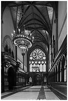 Gothic vault above marble floor and black walnut paneling, Memorial Hall, Harvard University, Cambridge. Boston, Massachussets, USA ( black and white)