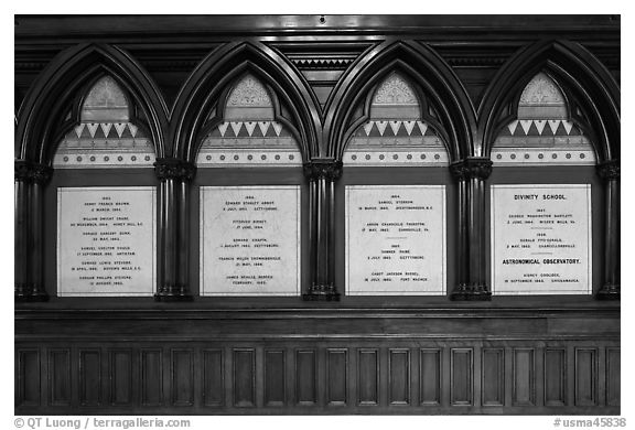 White marble tablets commemorating Civil War casualties, Memorial Hall, Harvard University, Cambridge. Boston, Massachussets, USA (black and white)