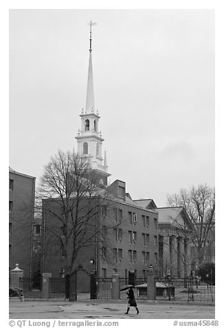 Spire on rainy day, Harvard University Campus, Cambridge. Boston, Massachussets, USA (black and white)